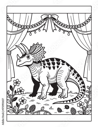Cute triceratops dinosaur illustration for children coloring pages featuring flowers and decorative curtains