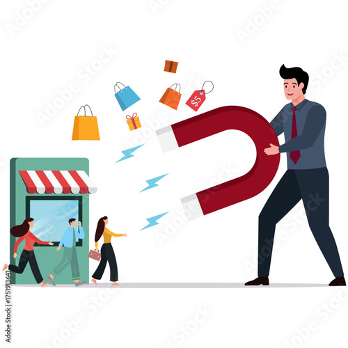 Customer magnet or marketing to attract customer back to buy again, retention or sale strategy to draw client, advertising campaign concept, store owner hand with horseshoe magnet to attract customers