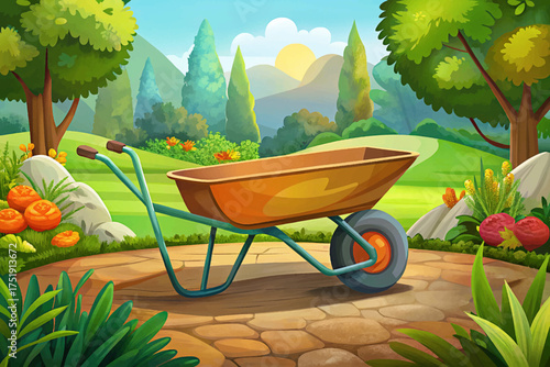 Garden wheelbarrow with soil and flowers classic outdoor tool for transporting plants and materials in garden work