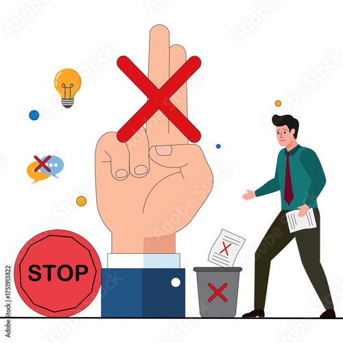 Rejection, refuse or denied, job rejection or disposal, decline or say no, loss opportunity or dispute, stop symbol, employment decision, businessman hand with reject gesture telling refuse candidate.