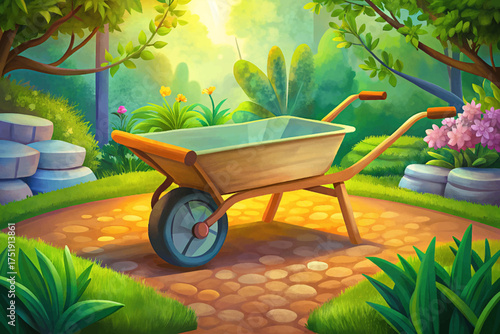 Garden wheelbarrow with soil and flowers classic outdoor tool for transporting plants and materials in garden work
