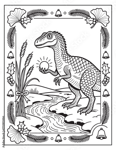Whimsical black and white dinosaur holding a glowing orb in a festive natural landscape illustration