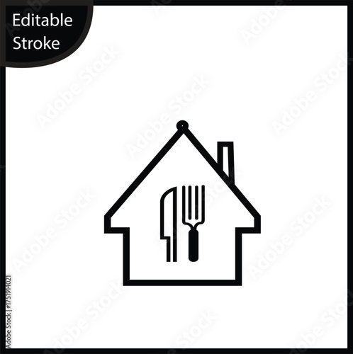 Minimalist line icon featuring a house symbol with a knife and fork inside, representing a restaurant, food delivery, or home cooking. The vector has an editable stroke for easy adjustment and use.