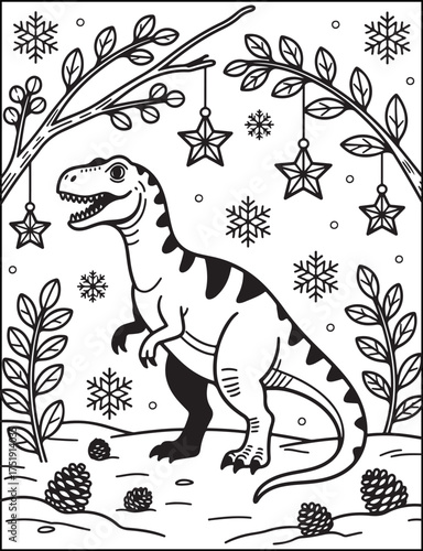 Cute dinosaur with stars and pinecones coloring page festive winter scene for kids creative fun activity