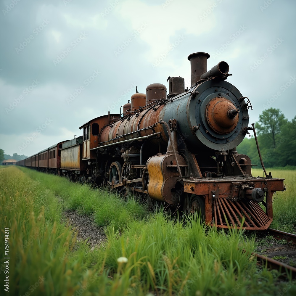 Fototapeta premium Old rusty steam train sits on overgrown tracks in field. Locomotive rests on abandoned railway line. Nature reclaims forgotten industrial vehicle.