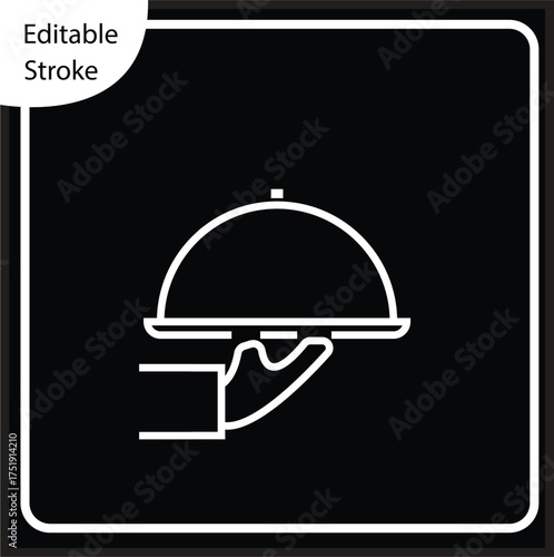 inverted line icon showing a waiter's hand serving a domed dish on a tray. The white line symbol is set against a solid black square background, making it ideal for dark mode UIUX, premium hospitality