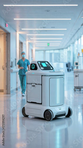 A sleek autonomous medical delivery robot with illuminated display navigates a hospital corridor as a masked healthcare worker approaches, symbolizing smart logistics in modern healthcare.