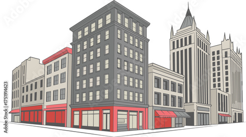 Modern urban city street with tall commercial buildings, skyscrapers, and architecture design in downtown area