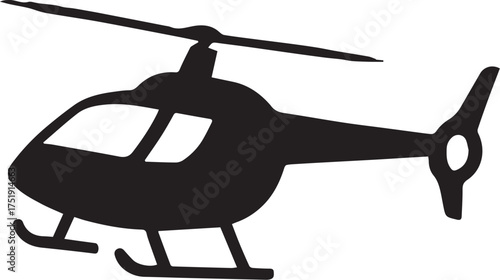 Helicopter silhouette vector illustration in black and white with main rotor, tail rotor, cockpit and landing skids for aviation and transport themes