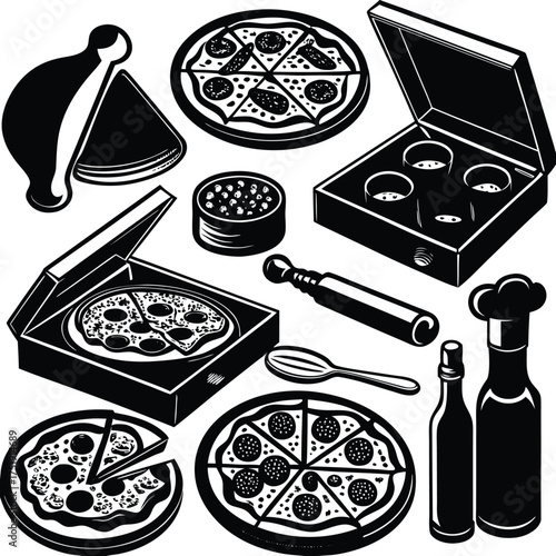 Flat Pizza Illustration Set with Pepperoni Slices Chef Hat Rolling Pin and Pizza Cutter in Cartoon Style