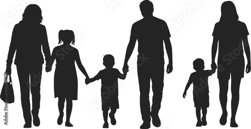 Silhouette of diverse family walking together holding hands, parents with children on white background symbolizing love, unity,