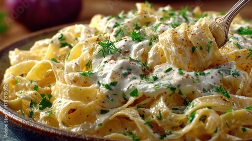 Close up of creamy pasta with herbs and white sauce