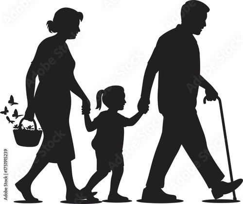 Silhouette of family walking together, elderly grandparents and little girl holding hands, generational bond, love, care