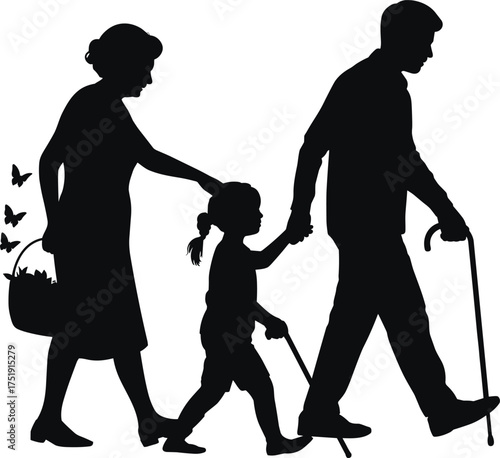 Silhouette of family walking together, elderly grandparents and little girl holding hands, generational bond, love, care