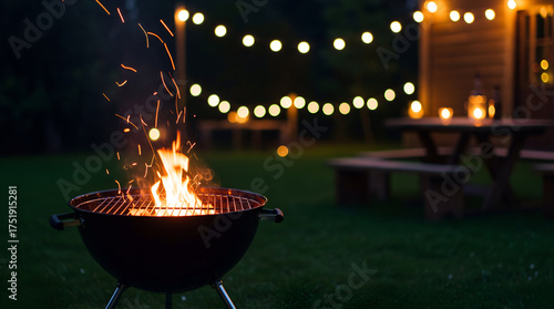 A glowing charcoal grill with vibrant flames and sparks, set in a backyard at dusk - glowing charcoal grill, vibrant flames, summer garden