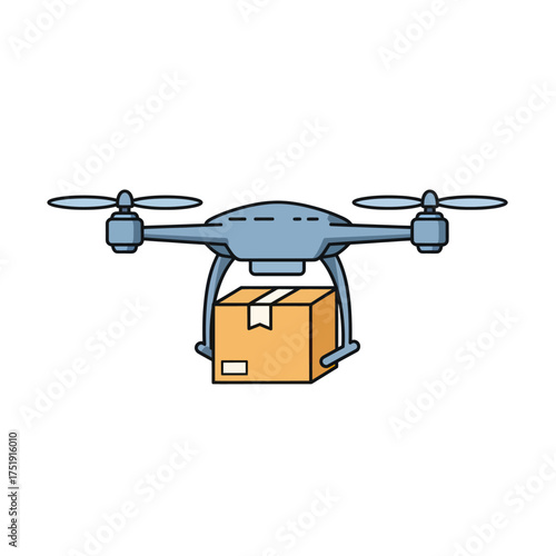 Delivery drone carrying a cardboard package isolated on white.