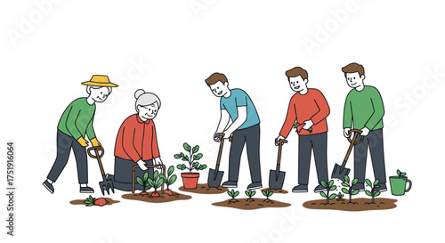 Diverse Group of People Working Together in a Garden.