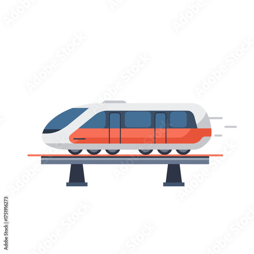 Modern futuristic monorail train on an elevated track isolated on white.