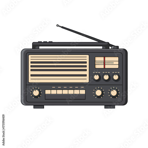Vintage black portable radio receiver isolated on white background.