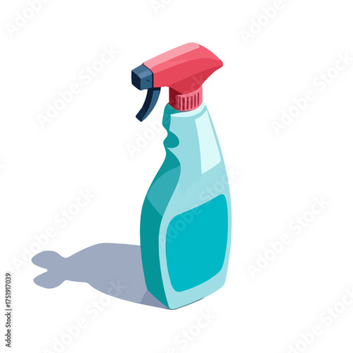 Plastic spray bottle with red nozzle and blue liquid, , representing cleaning supplies and household chemicals for domestic use