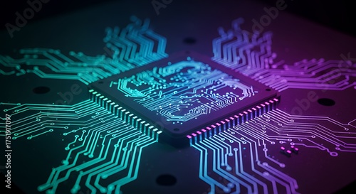 Stunning futuristic circuit board with vibrant neon glows, perfect for tech innovation and modern technology designs with a sleek, professional aesthetic