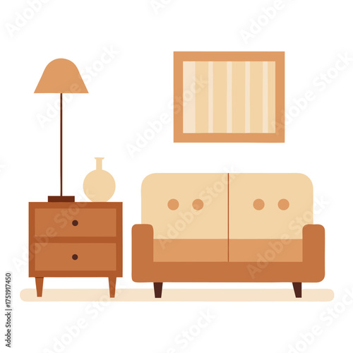 Beige living room with sofa coffee table floor lamp wall shelf and cabinet vector on white background.