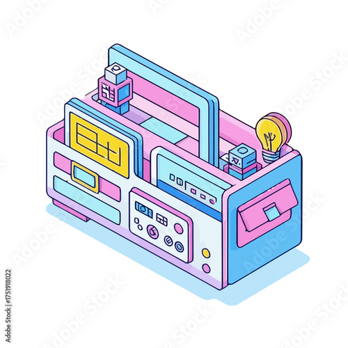 Colorful, isometric desk organizer filled with various office supplies, gadgets, and lightbulb, isolated on transparent, representing organization, productivity, and ideas