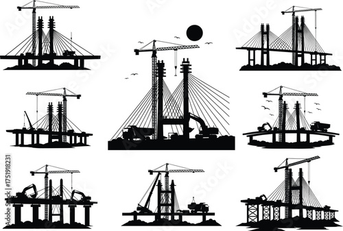 Bridge construction silhouettes, crane and worker scenes, suspension bridge building, civil engineering vector set, infrastructure development, black silhouette illustration, construction site