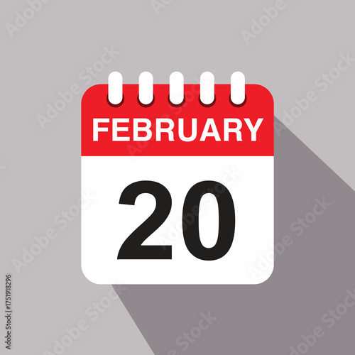 20 february calendar date icon. vector illustration with shadow design