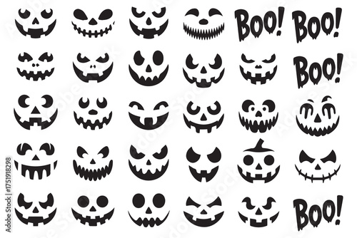 Collection of spooky halloween pumpkin faces and boo text graphics for holiday design