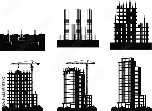 Building construction stages vector, foundation to completion, silhouette illustration, high-rise development process, crane, architecture, engineering, urban growth, editable stock design