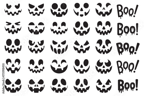 Collection of spooky halloween jack-o'-lantern faces and boo text graphics