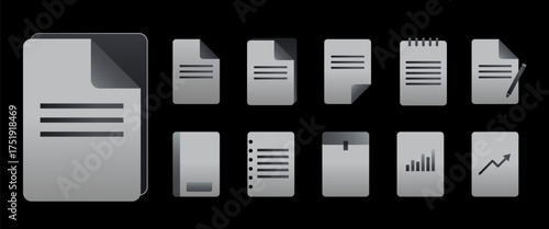 Dark Interface Document Illustration Set Featuring Modern Metallic Gradient Paper Icons for Office, Business, and Digital File Management Projects