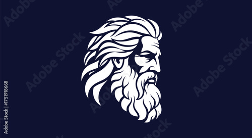White vector illustration of a bearded man on a dark blue background