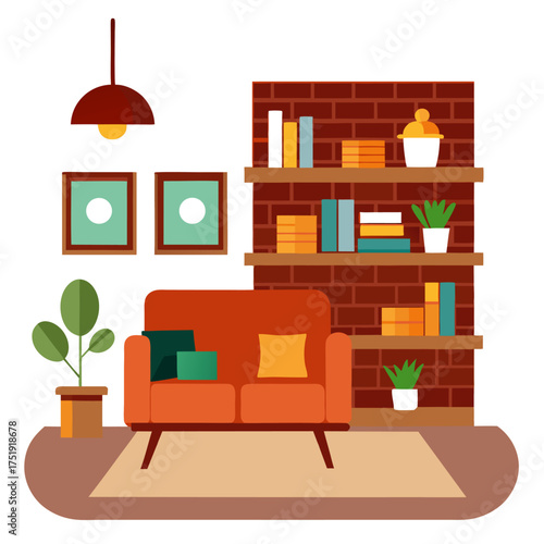 Cozy living room with brick walls wooden floor bookshelves and modern elements vector on white background.