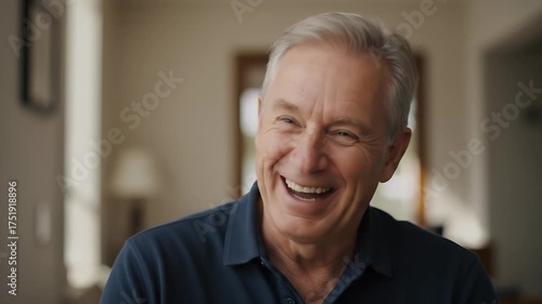Realistic Portrait Caucasian Man Laughing Indoors Warm Lighting