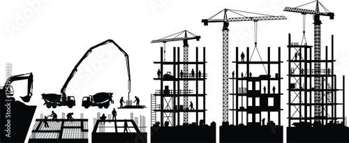 Construction process silhouette, excavation, foundation, structural work, scaffolding, crane lifting, high-rise building, workers, concrete pump, construction stages, vector illustration