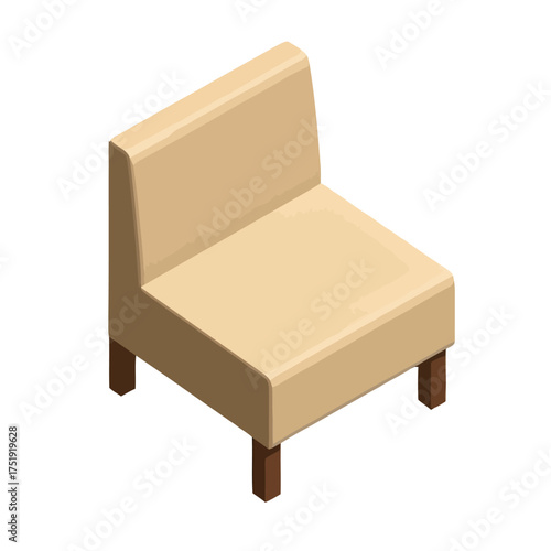 Modern beige armchair with single backrest and four brown wooden legs, isolated on transparent, perfect for interior design and furniture concepts