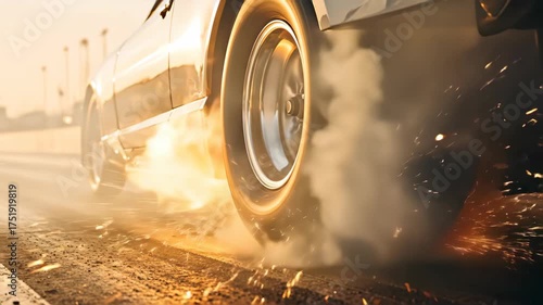 Race car peeling out and creating smoke with tire burn on drag strip burnout. Speed and performance concept footage.