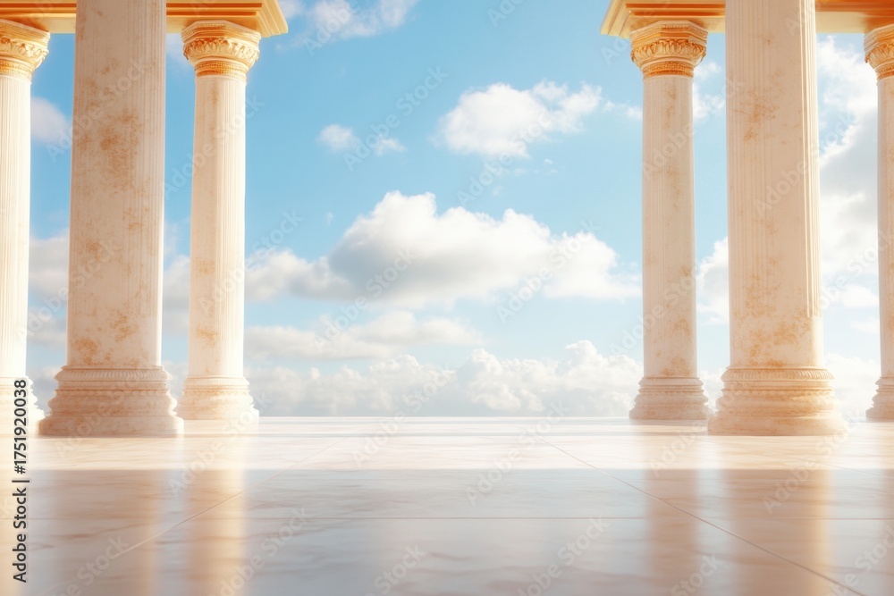 Fototapeta premium Ancient Columns and Serene Skies: A grand structure of classical columns frames a breathtaking view of a vast blue sky dotted with fluffy clouds, evoking a sense of timeless beauty and serenity.
