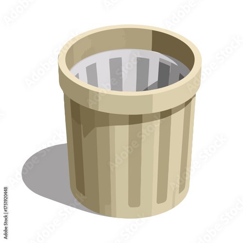 Beigecolored trash can with vertical stripes and inner liner, casting subtle shadow on pure transparent, presented in clean isometric perspective