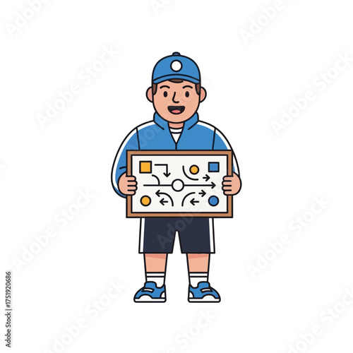 Cartoon sports coach character holding a tactical game plan board.