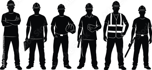 Construction workers silhouette, hard hat team, industrial labor crew, safety gear, blueprint, wrench, vector illustration for stock, engineering site concept