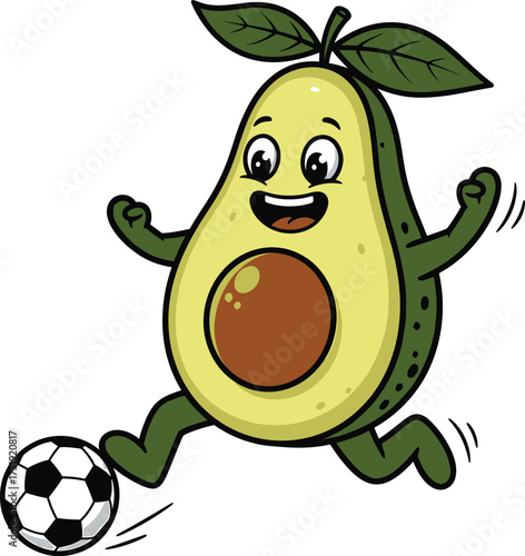 Funny Avocado Playing Soccer Clipart – Cute Cartoon Fruit Character Kicking Football with Joy