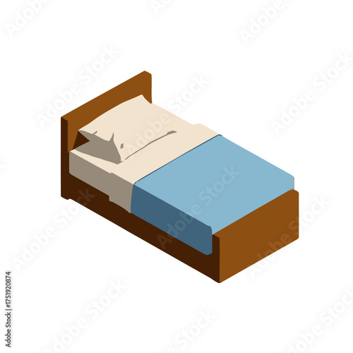 Single bed with brown wooden frame, pillow, and blue mattress