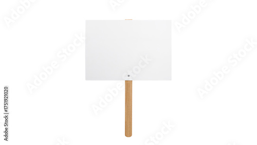 Blank white rectangular protest sign or placard on a wooden stick for rally. Isolated on transparent background, png
