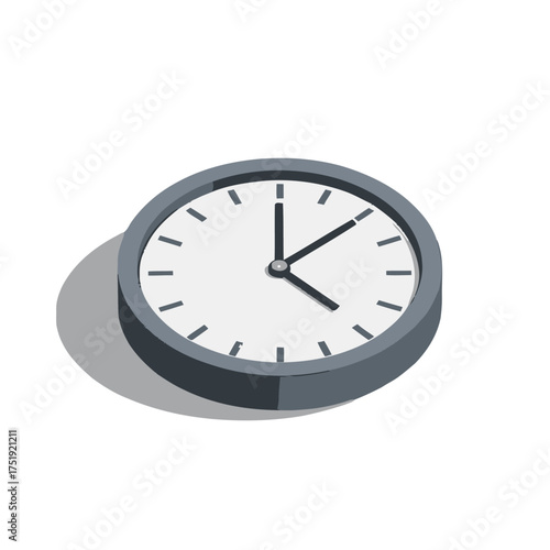 Simple, modern, greyframed analog clock with black hands and hour markers, casting subtle shadow, isolated on clean transparent, representing time and punctuality