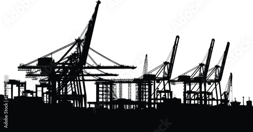 Industrial port silhouette, container cranes at dockyard, maritime logistics infrastructure, cargo shipping terminal, global trade, black and white vector illustration