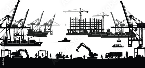 Industrial port silhouette with cargo ships, cranes, construction vehicles, workers, and building site, perfect for logistics, infrastructure, and development-themed vector content