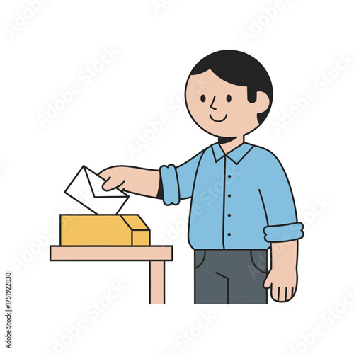 Cartoon illustration of a man casting his vote into a ballot box.